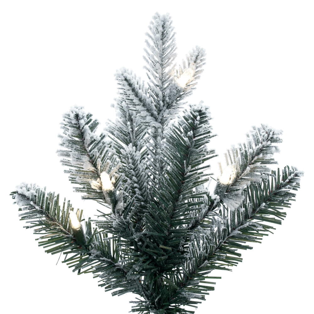 Vickerman 4.5' x 30" Frosted Potted Spruce Artificial Slim Pre-Lit Christmas Tree in Brown Tin Container with 120 Dura-Lit® Warm White Mini Lights, 499 Realistic Frosted PE/PVC Tips, Step On/Off Foot Pedal Switch and Folding Metal Tree Stand