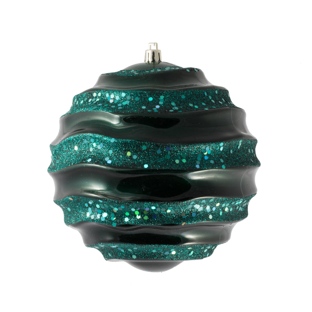 Vickerman 6" Sea Blue Stripe Candy Finish Wave Ball Christmas Ornament with Glitter Accents