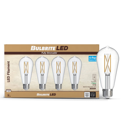 Bulbrite 776243 LED Filament Pack of 4, 7.6 Watt Dimmable ST18 Light Bulb with Clear Finish and Medium Screw E26 Base - 3000K(Soft White Light), 800 lumens