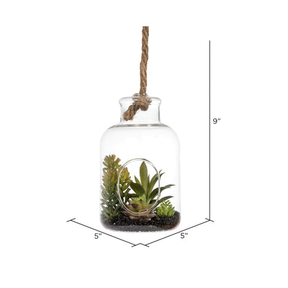 Vickerman 9" Artificial Green Assorted Succulents in Glass Jar.