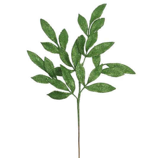 Vickerman 22" Green Glitter BayLeaf Artificial Christmas Spray. Includes 12 sprays per pack.