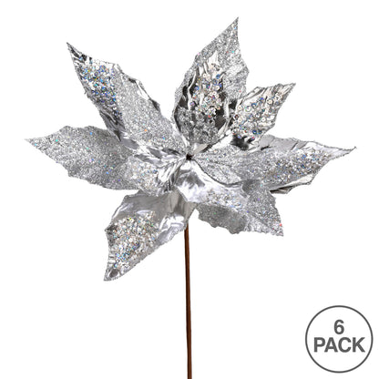 Vickerman 13" x 22" Silver Poinsettia Sequin Artificial Christmas Spray. Includes 6 sprays per pack.