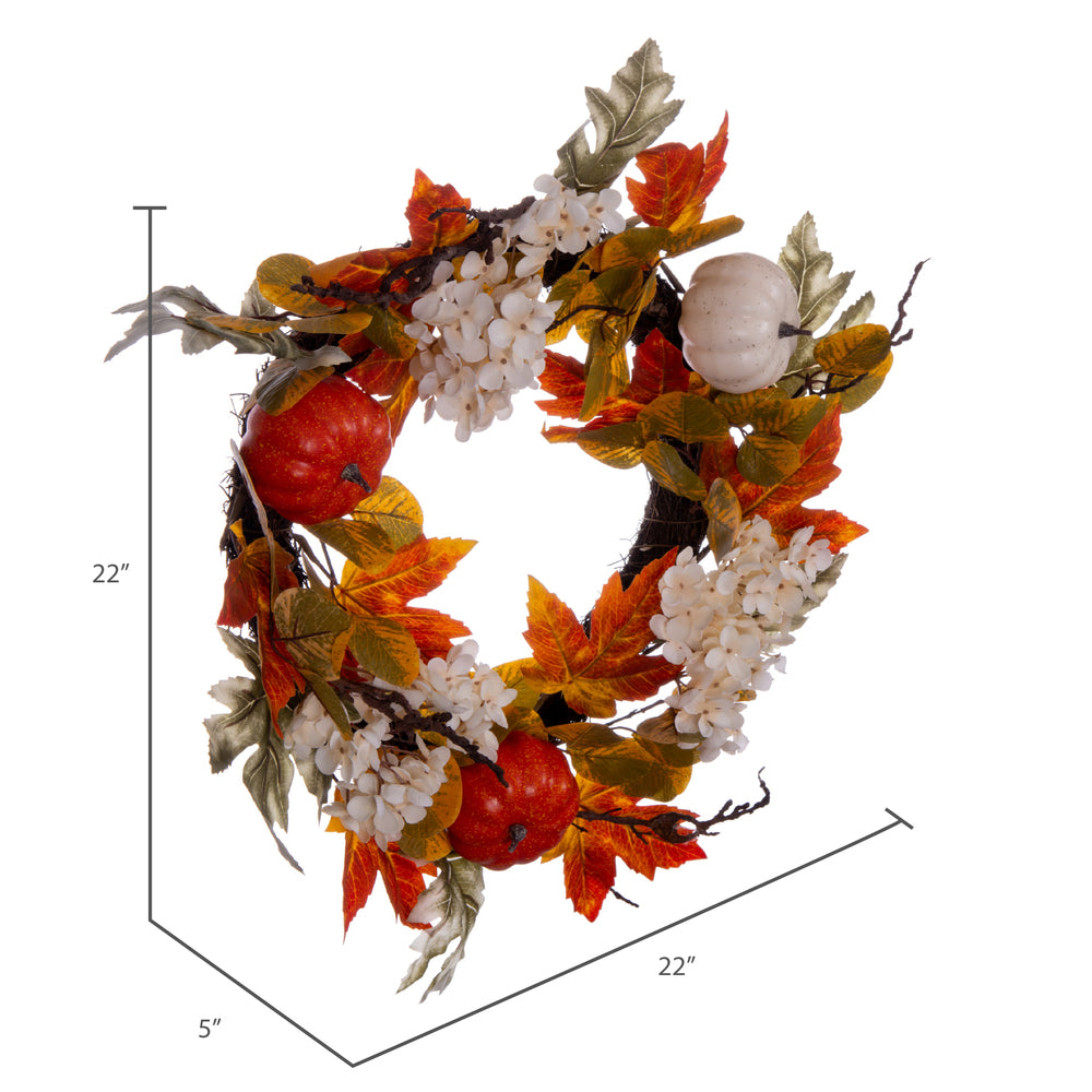 Vickerman Artificial 22" Orange Fall Pumpkin Hydrangea Wreath Circular grapevine base.