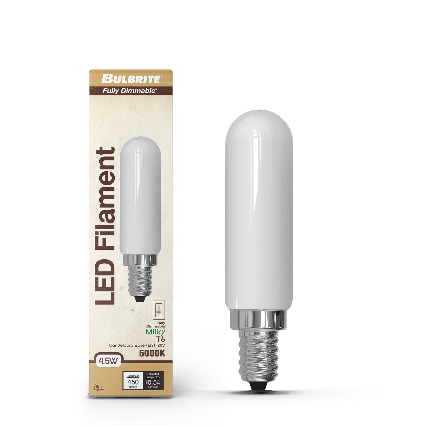 Bulbrite 862109 LED Filament Pack of (4) 4.5 Watt Dimmable T6 Light Bulb with Milky Glass Finish and Candelabra (E12) Base - 5000K (Soft Daylight Light), 450 Lumens