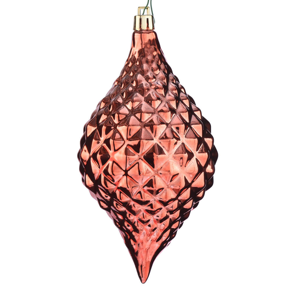 6" x 3" Coral Shiny Diamond Drop Ornament with drilled and wired caps. Comes 4/bag.