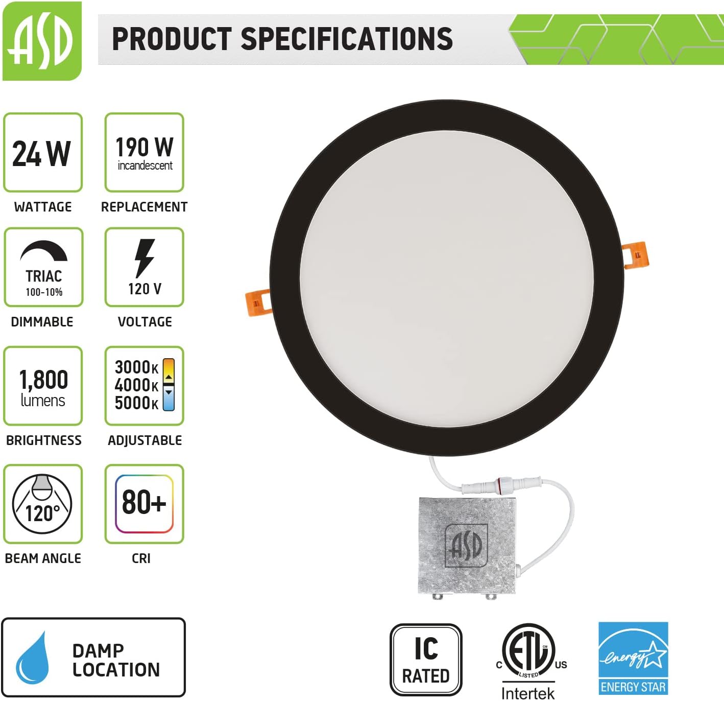 ASD Lighting LED Round Recessed Mini Panel 12" 24W Dimmable CCT Selectable 3000/4000/5000K Oil Rubbed Bronze cETLus