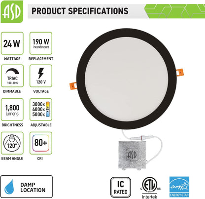 ASD Lighting LED Round Recessed Mini Panel 12" 24W Dimmable CCT Selectable 3000/4000/5000K Oil Rubbed Bronze cETLus