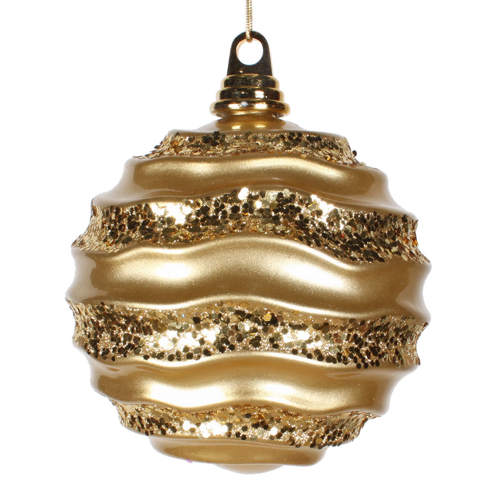 Vickerman 8' Gold Stripe Candy Finish Wave Ball Christmas Ornament with Glitter Accents