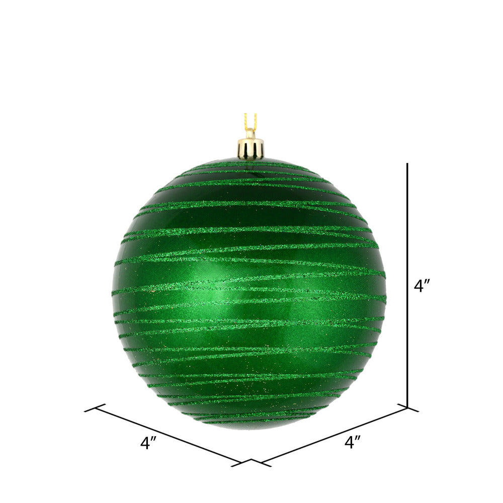 Vickerman 4" Green Candy Finish Ball Ornament with Glitter Lines 4 per Bag