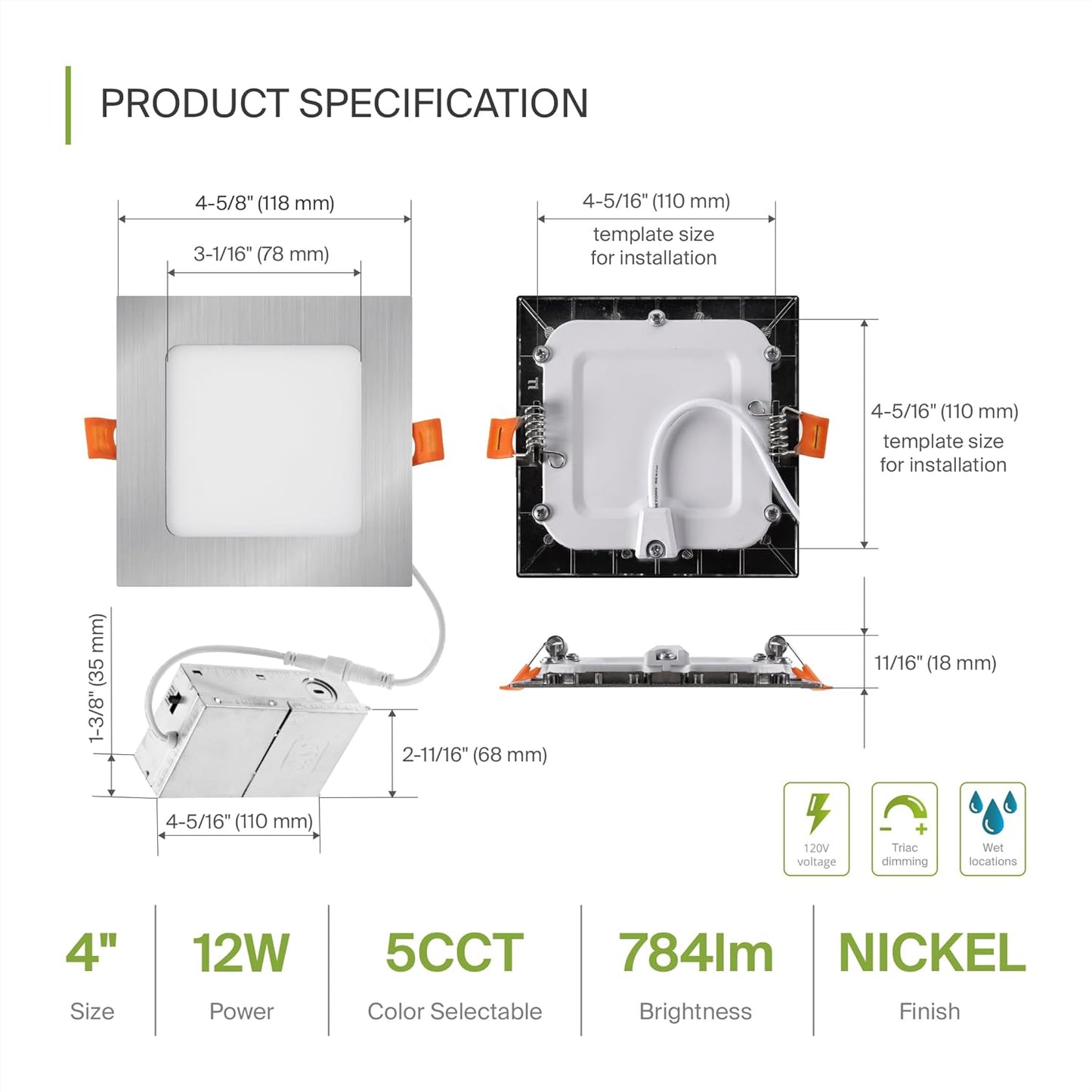 ASD Lighting LED Recessed Mini Panel Square 4inch 12W 120V Triac 2700/3000/3500/4000/5000K Nickel UL Energy Star 6 pack