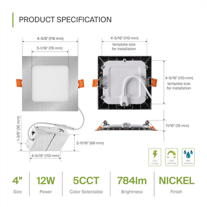 ASD Lighting LED Recessed Mini Panel Square 4inch 12W 120V Triac 2700/3000/3500/4000/5000K Nickel UL Energy Star 6 pack
