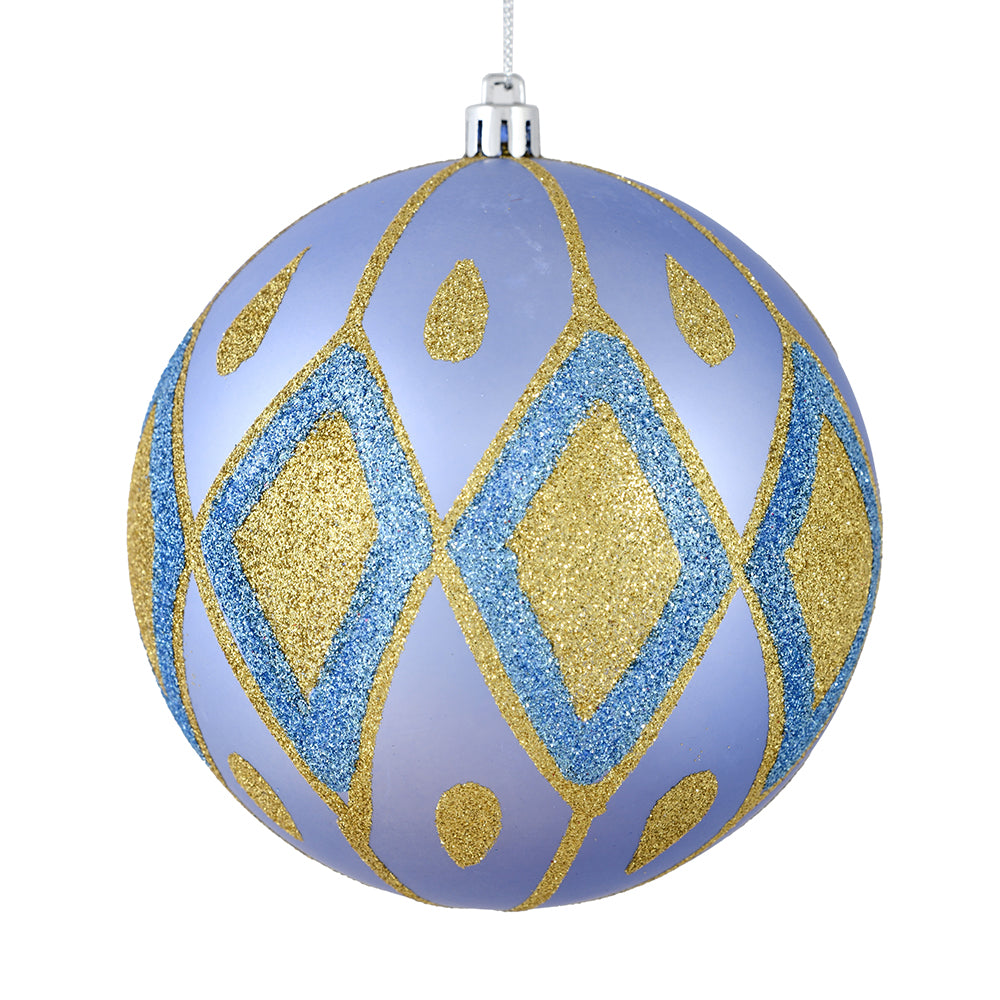 Vickerman 4" Lilac Matte Ball with Glitter Diamond Pattern. Add variety and sparkle to your holiday arrangement with this matte ornament that features a glitter pattern. Includes 4 pieces per bag. Made with shatterproof plastic. Ornament has a dril