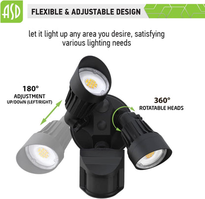 ASD Lighting LED Security Floodlight DOB 2 round heads 25W CCT Selectable 3000/4000/5000K with 180° Motion Sensor and Photocell Black ETL