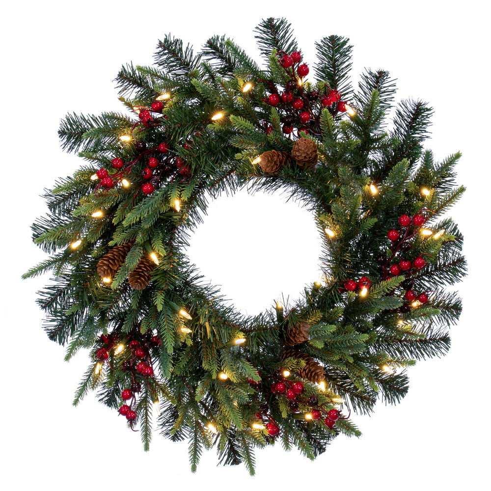 Vickerman 24" Berry Mixed Pine Cone Artificial Pre-Lit Wreath Dura-Lit® Warm White LED Mini Lights.