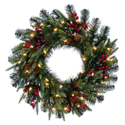 Vickerman 24" Berry Mixed Pine Cone Artificial Pre-Lit Wreath Dura-Lit® Warm White LED Mini Lights.