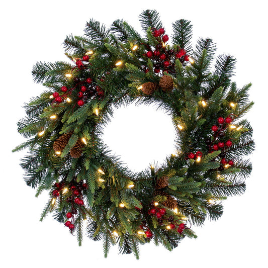 Vickerman 24" Berry Mixed Pine Cone Artificial Pre-Lit Wreath Dura-Lit® Warm White LED Mini Lights.