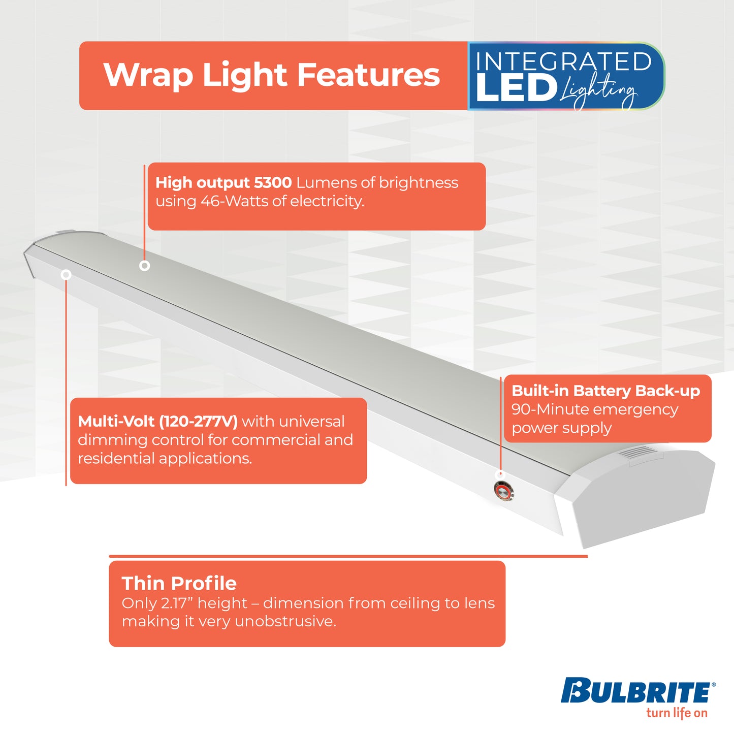 Bulbrite 773507 4 ft. Integrated 5 Color Selectable LED Dimmable Wraparound Light W/ Battery Backup (120-277v), 5300 Lumens, White