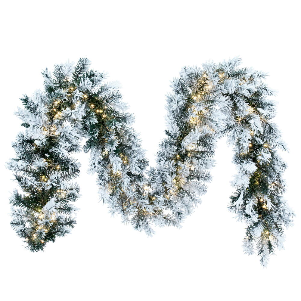 Vickerman 9' x 14" Frosted Glacier Pine Artificial Garland with LED Warm White Lights.