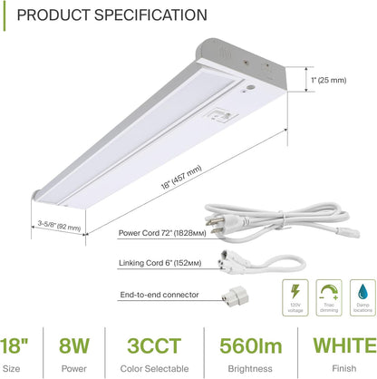 ASD Lighting LED Under Cabinet Swivel 18" 8W 120V Dimmable CCT Selectable 2700/3000/4000K Hardwired or Plug-in, Linkable, Hi/Low Switch, White UL
