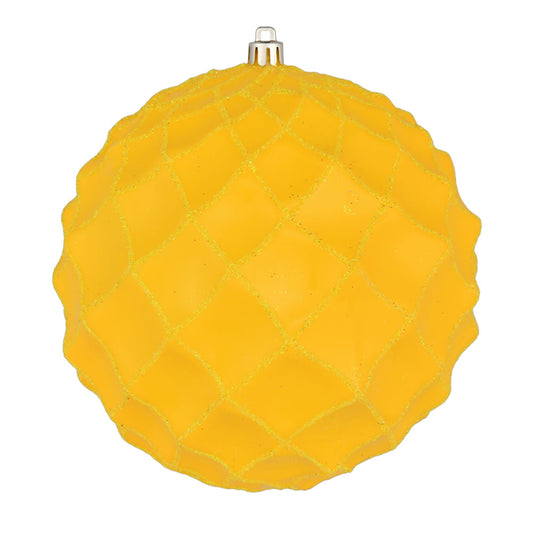 Vickerman 6" Yellow Shiny Form Ball Drilled Wired 4/Bag. Add texture and shimmer to your holiday decorating projects with this geometric shaped ball. It features glitter accents along the edges of the geometric pattern. This ornament contains a drilled ca