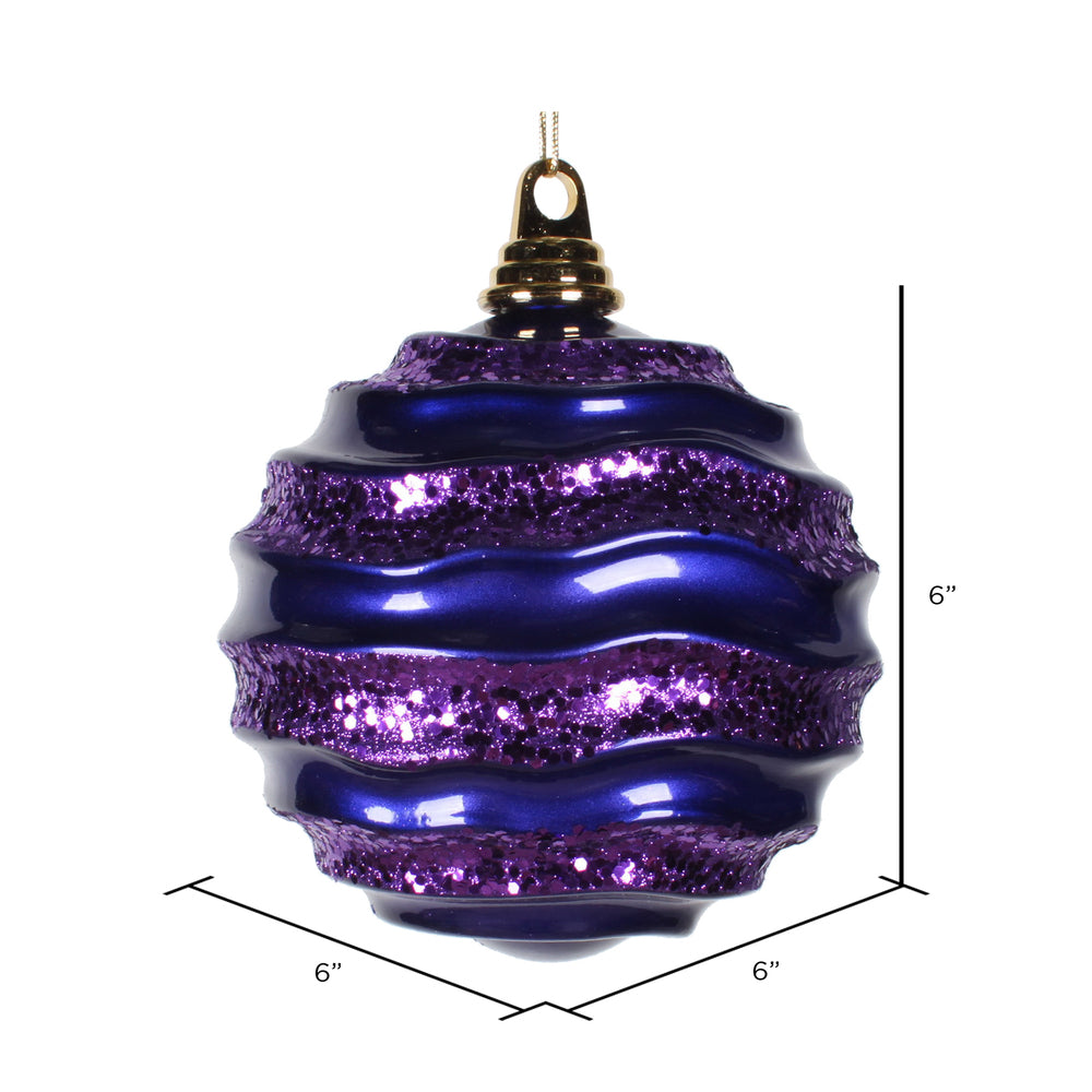 Vickerman 6" Purple Stripe Candy Finish Wave Ball Christmas Ornament with Glitter Accents