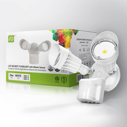 ASD Lighting LED Security Floodlight 2 round heads 20W 120-277V CCT Selectable 3000/4000/5000K with 180° Motion Sensor and Photocell White ETL