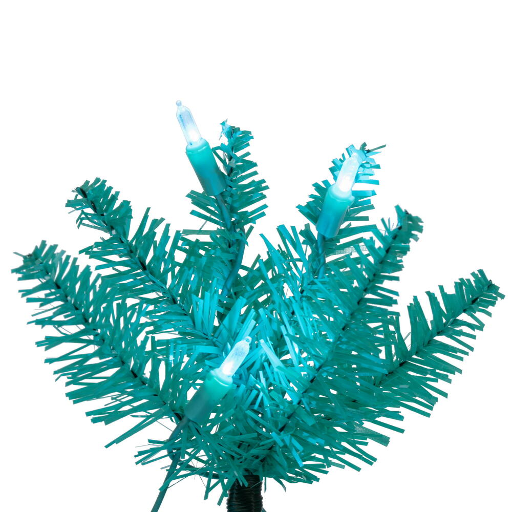 Vickerman 9.5' x 42" Aqua Pencil Artificial Pre-Lit Christmas Tree with 700 Dura-Lit® Aqua LED Mini Lights. It measures 114 inches tall, and 28 inches wide, which is considered a pencil profile. This tree boasts 1700 tips for a realistic look. Pre-lit wit