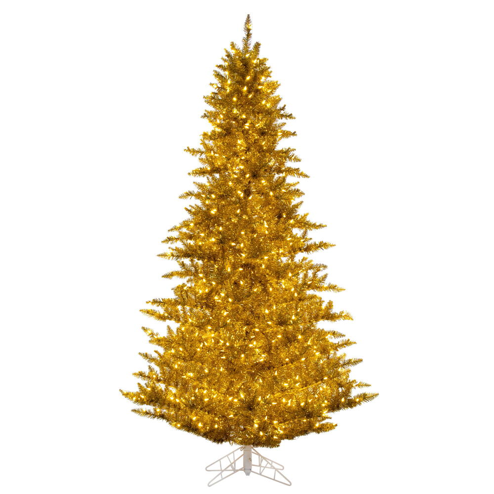 Vickerman 4.5' x 34" Gold Tinsel Artificial Pre-Lit Christmas Tree with LED Lights and Metal Tree Stand