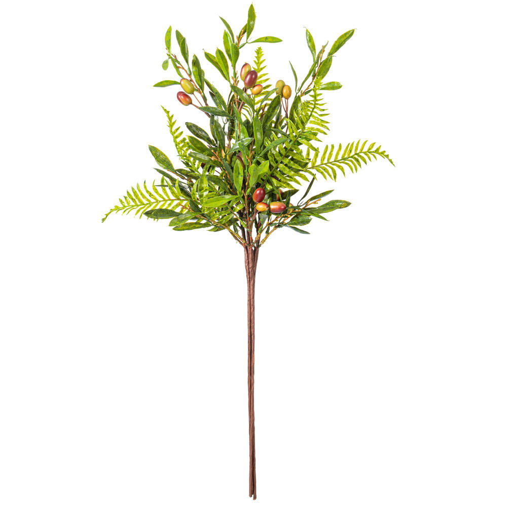 Vickerman 27" Artificial Green Olive Spray 3/Bag. Features green foliage with dark orange olives.