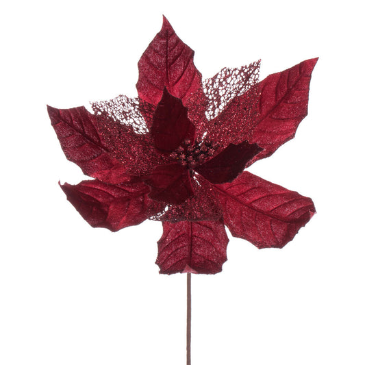 Vickerman 11" Burgundy Velvet and Glitter Mesh Poinsettia Flower on Stem 6 per bag.
