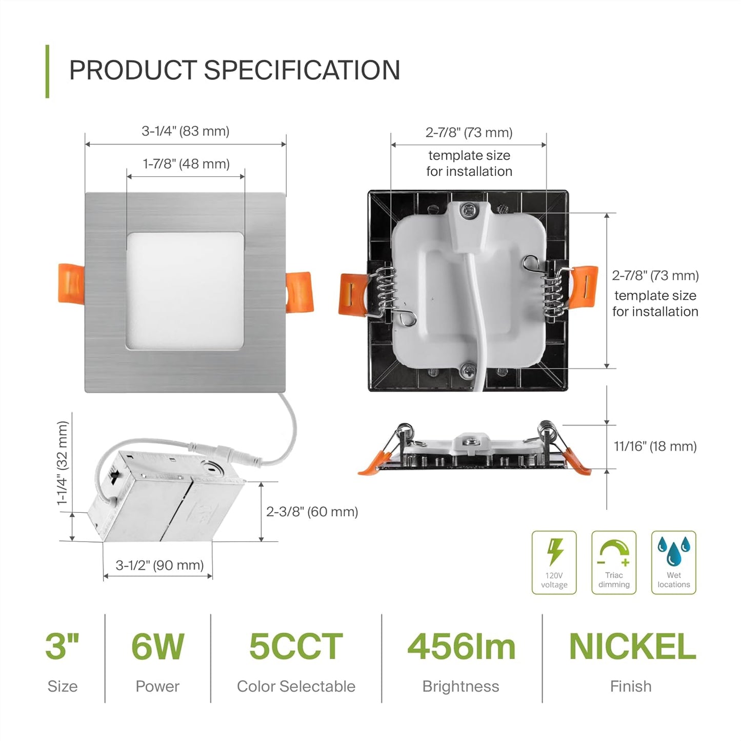 ASD Lighting LED Recessed Mini Panel Square 3inch 6W 120V Triac 2700/3000/3500/4000/5000K Nickel UL Energy Star 6 pack
