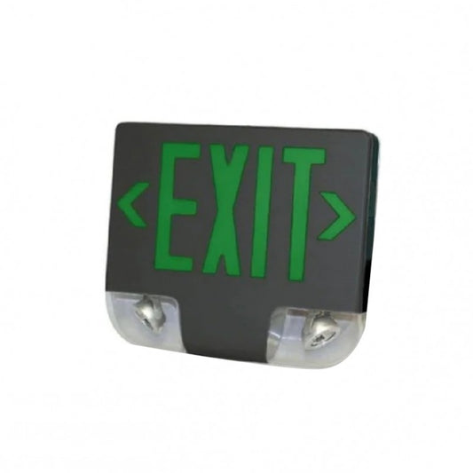 Westgate Die Cast LED Exit Sign & Adjustable LED Head Emergency Combo, SGL/DBL Face Univ. Canopy, Green Letters, Black Face Pannel & Housing, LED Exit & Emergency Lighting, 3W Per Head