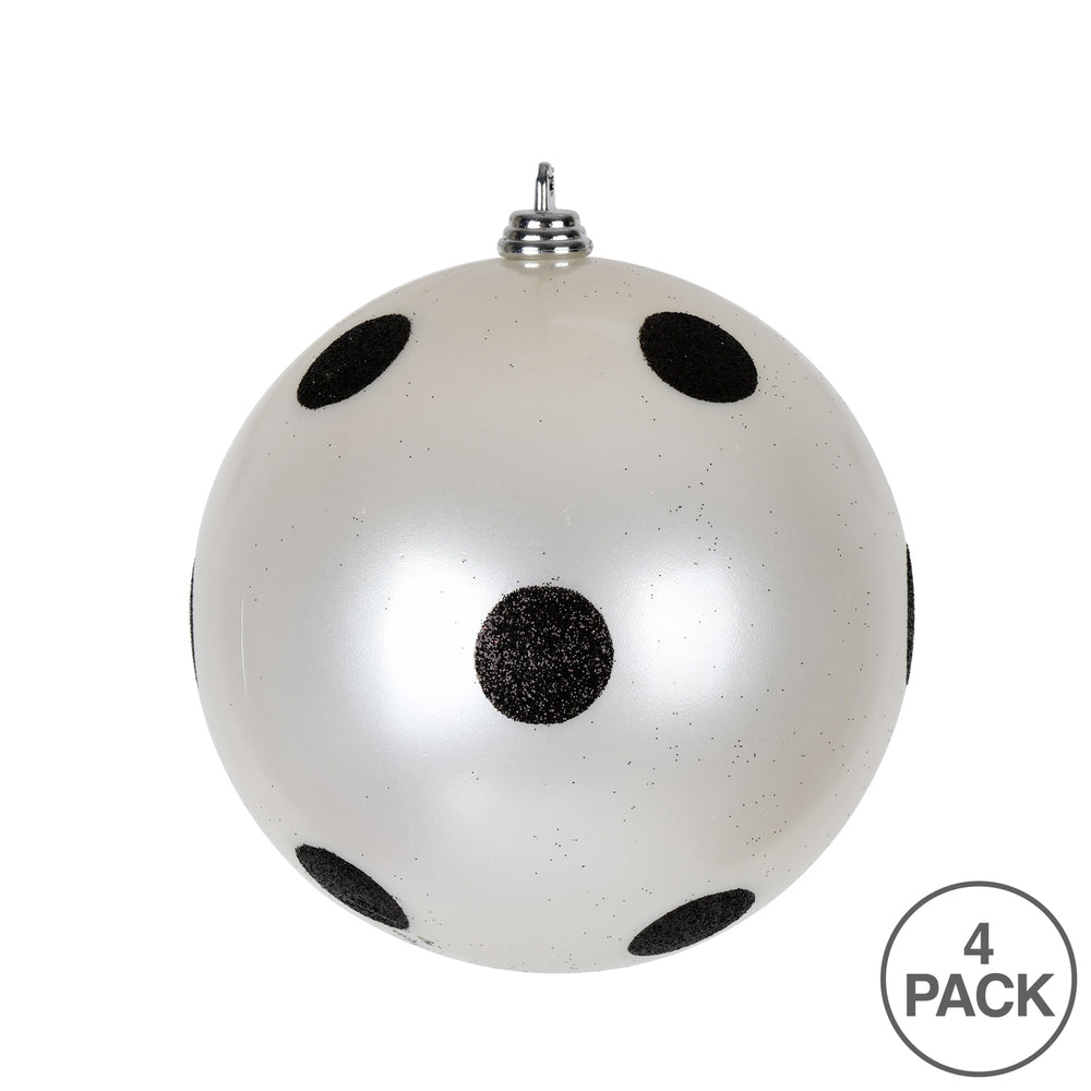 Vickerman 4.75" White Candy Finish Ball Ornament with Black Glitter Dots 4 per Bag