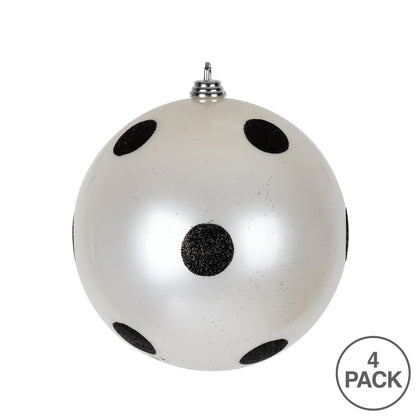 Vickerman 4.75" White Candy Finish Ball Ornament with Black Glitter Dots 4 per Bag