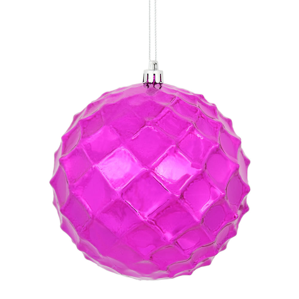 Vickerman 4.75" Fuchsia Shiny Diamond Bauble Ornament with drilled and wired caps. Comes 4 per Bag.