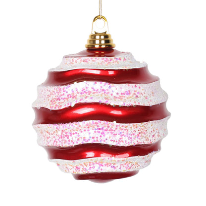 Vickerman 6" Red and White Stripe Candy Finish Wave Ball Christmas Ornament with Glitter Accents