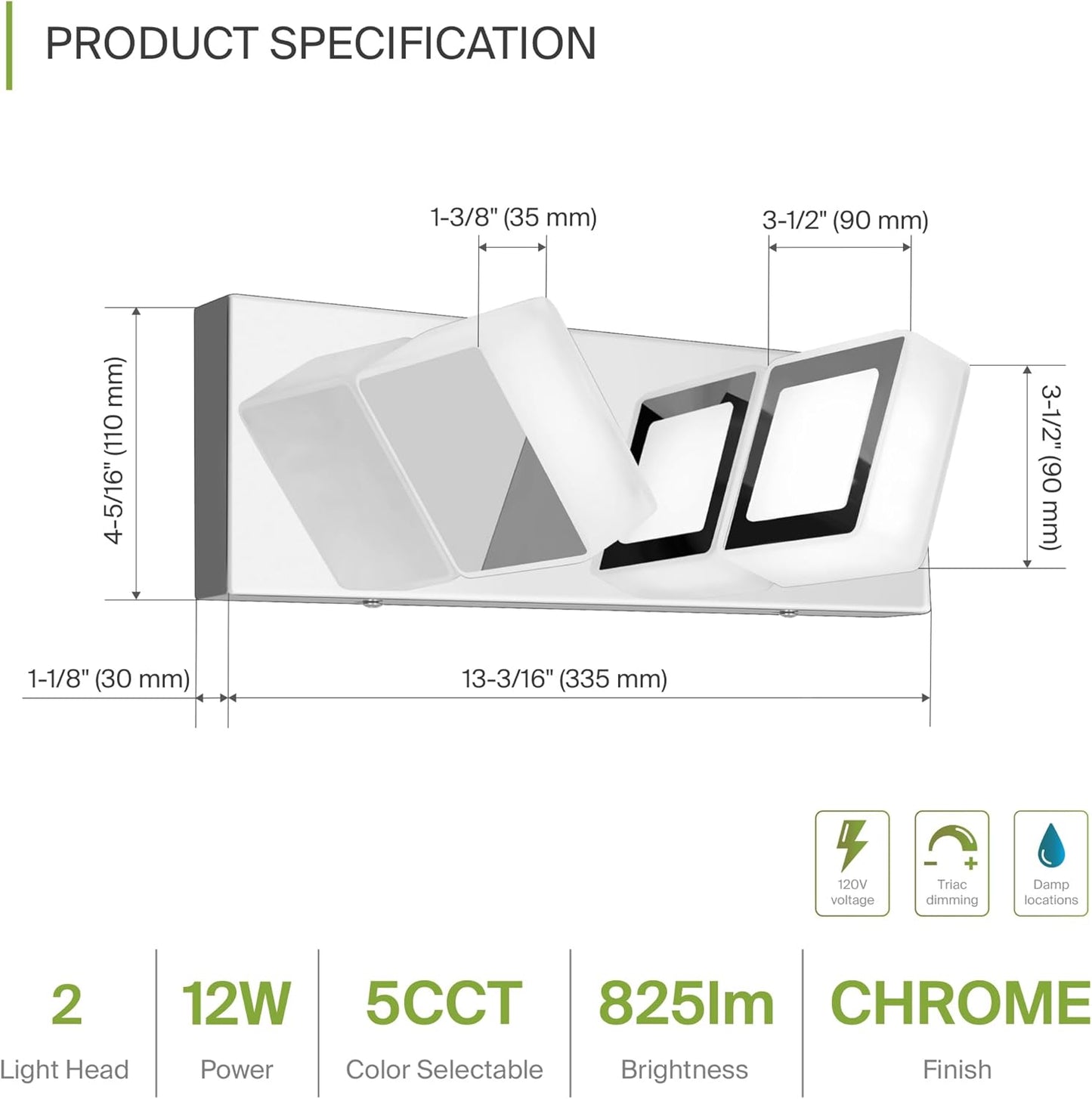 ASD Lighting LED Vanity 2-light 12W 120V with rotatable heads CCT Selectable 2700/3000/4000/5000/6000K Dimmable Chrome ETL