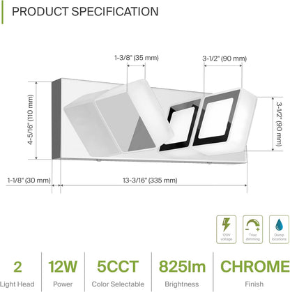 ASD Lighting LED Vanity 2-light 12W 120V with rotatable heads CCT Selectable 2700/3000/4000/5000/6000K Dimmable Chrome ETL