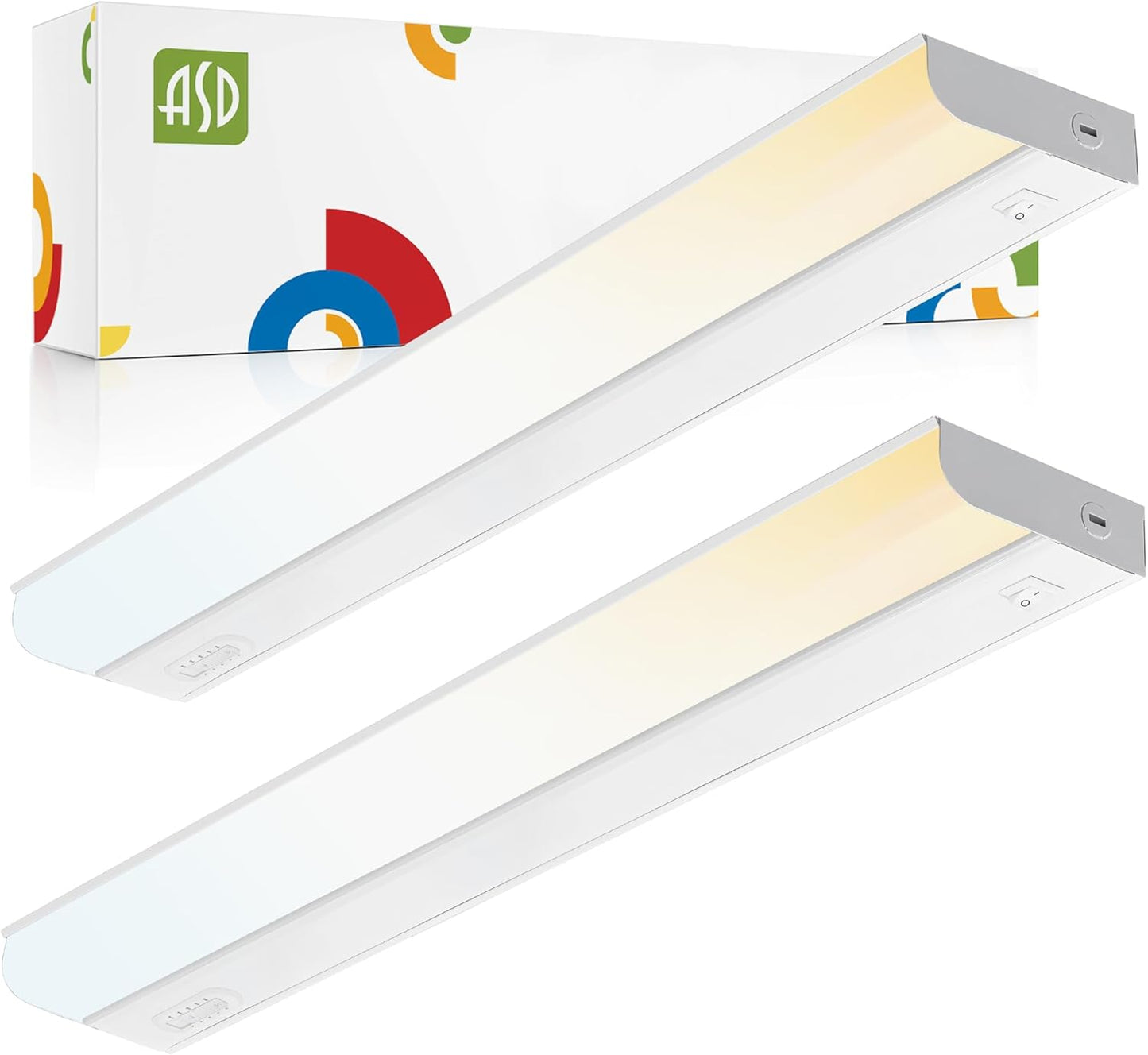 ASD Lighting LED Under Cabinet Bullnose 24" 12W 120V Dimmable CCT Selectable 2700/3000/3500/4000/5000K Hardwired, On/Off Switch, White UL 2pack