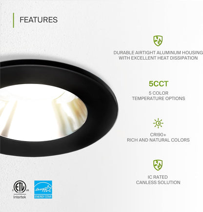 ASD Lighting LED Downlight 2INCH Changeable Round 8W CCT Selectable 2700/3000/3500/4000/5000K Dimmable, Chrome Smooth reflector, Black trim, ETL Energy Star