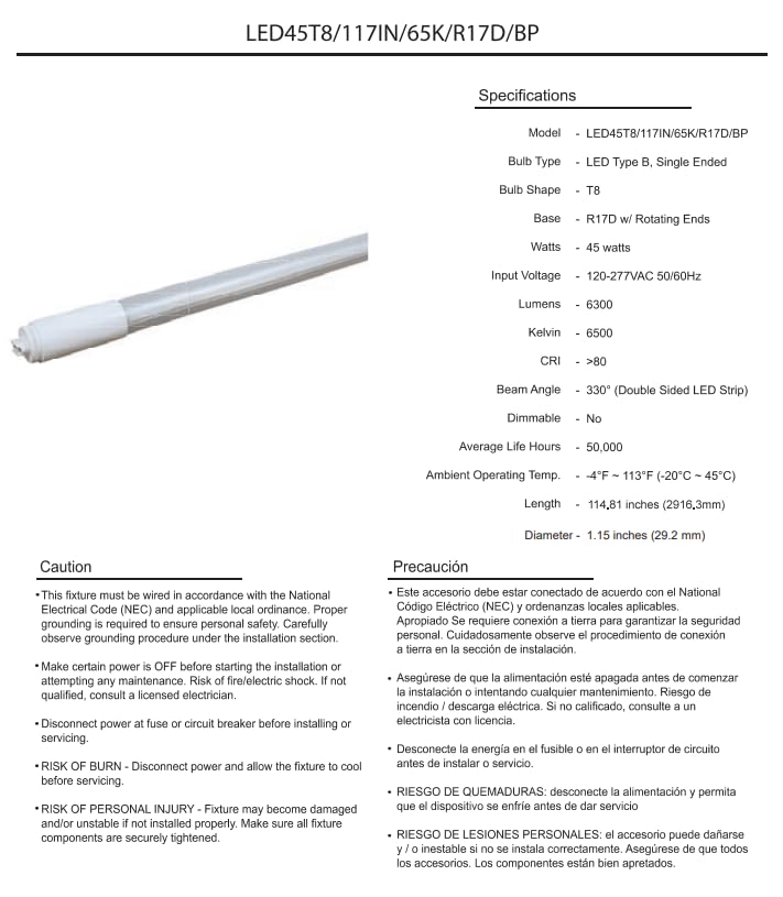 Damar- 9Ft T8 LED Tube Light Bulb Type B Ballast Bypass Single End 45W 6300 Lumens 6500K Daylight R17D Base with Rotating Ends 120-277VAC Pack of 10- Fluorescent Replacement for Garage Workshop
