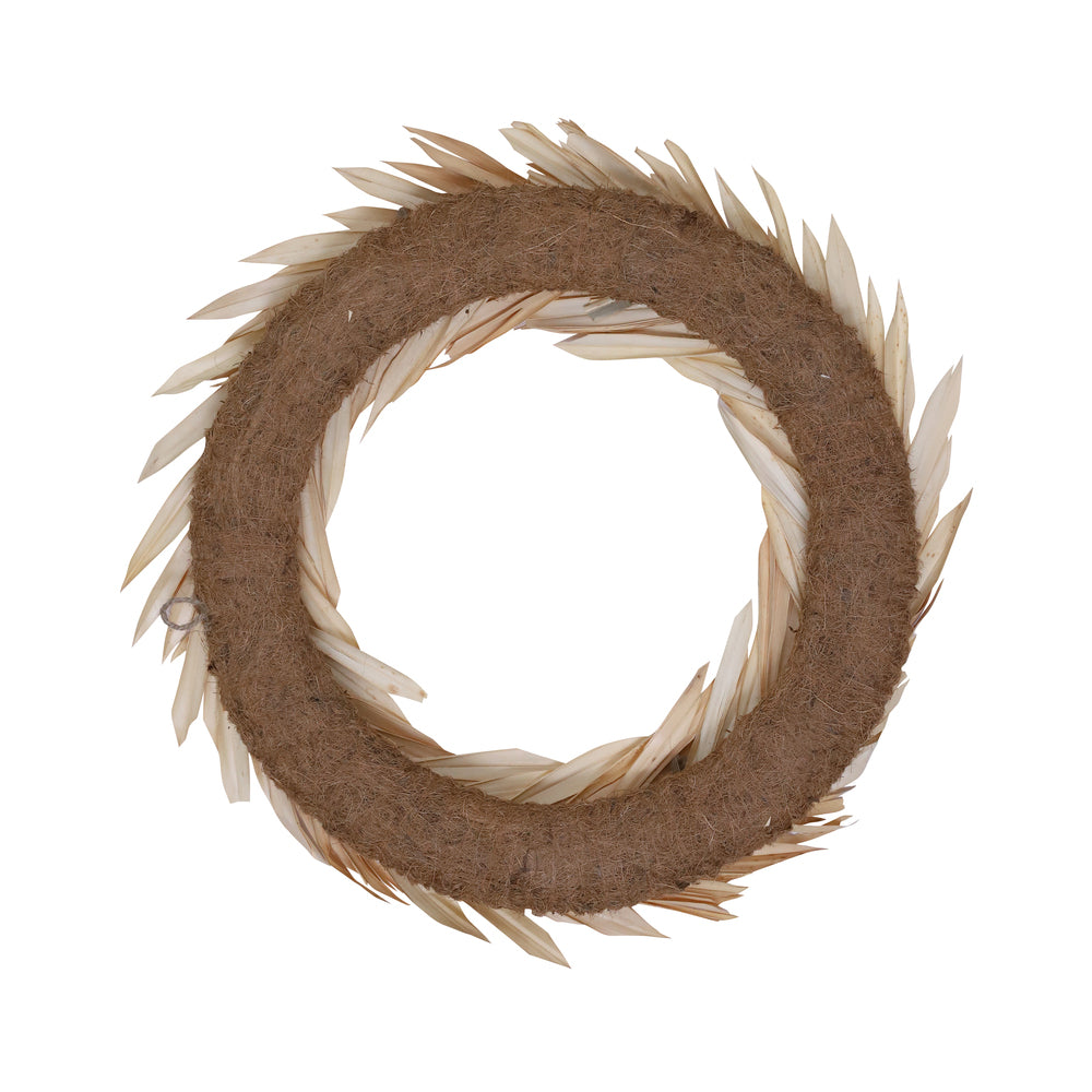 Vickerman Natural Botanicals 24" Bleached Palm Sun Wreath. This wreath measures 24 inches in diameter. It features bleached palm sun leaves on a coco fiber base. This is a dried and preserved natural product.