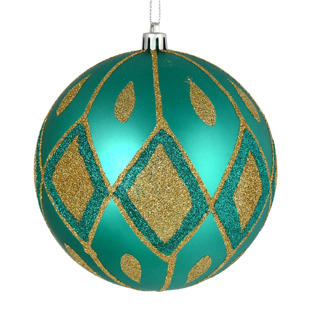 Vickerman 6" Teal Matte Ball with Glitter Diamond Pattern. Add variety and sparkle to your holiday arrangement with this matte ornament that features a glitter pattern. Includes 3 pieces per bag. Made with shatterproof plastic. Ornament has a drilled cap