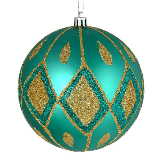 Vickerman 6" Teal Matte Ball with Glitter Diamond Pattern. Add variety and sparkle to your holiday arrangement with this matte ornament that features a glitter pattern. Includes 3 pieces per bag. Made with shatterproof plastic. Ornament has a drilled cap