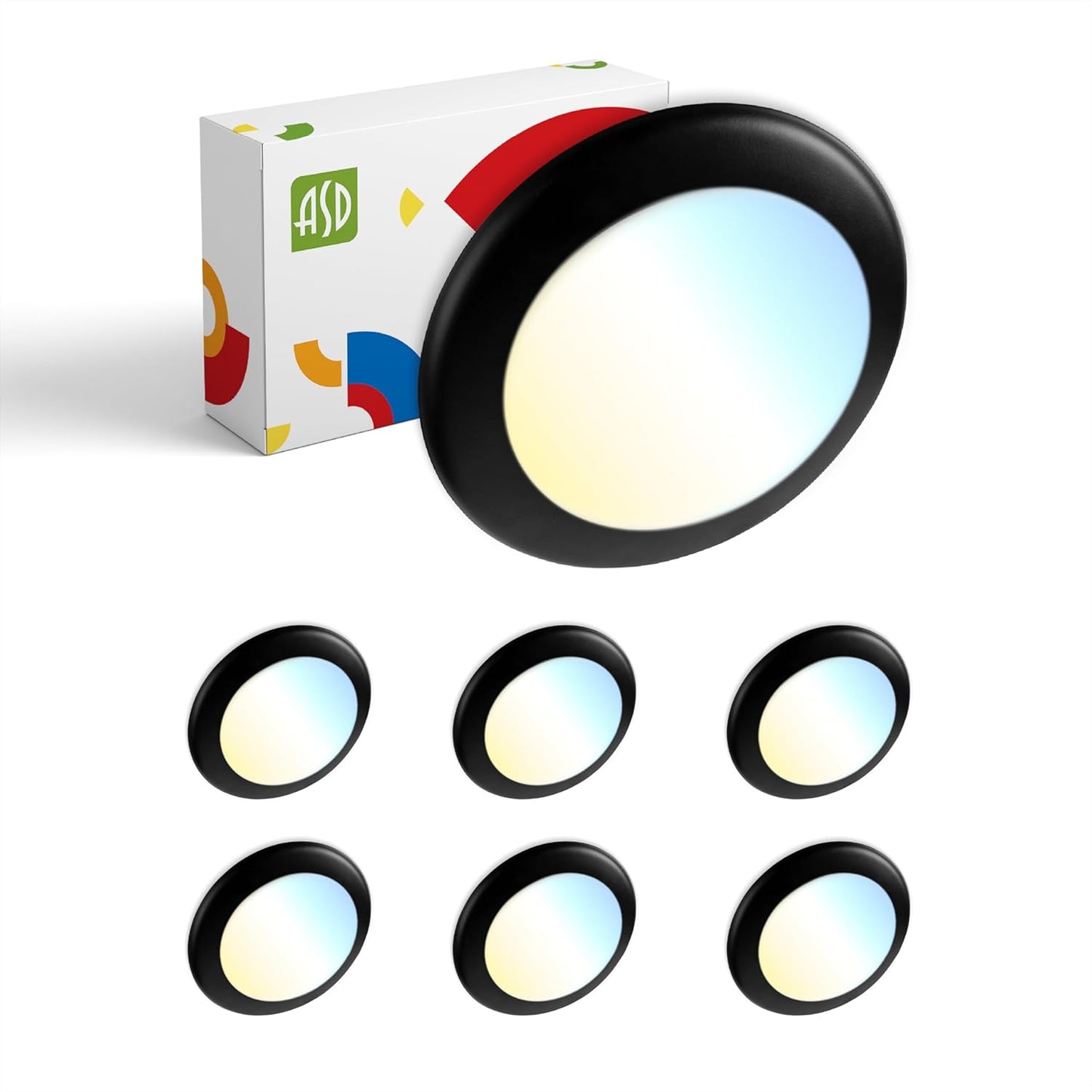 ASD Lighting LED Disk Light 6" 15W 120V CCT Selectable 2700/3000/3500/4000/5000K Dimmable Black UL Energy Star 6pack