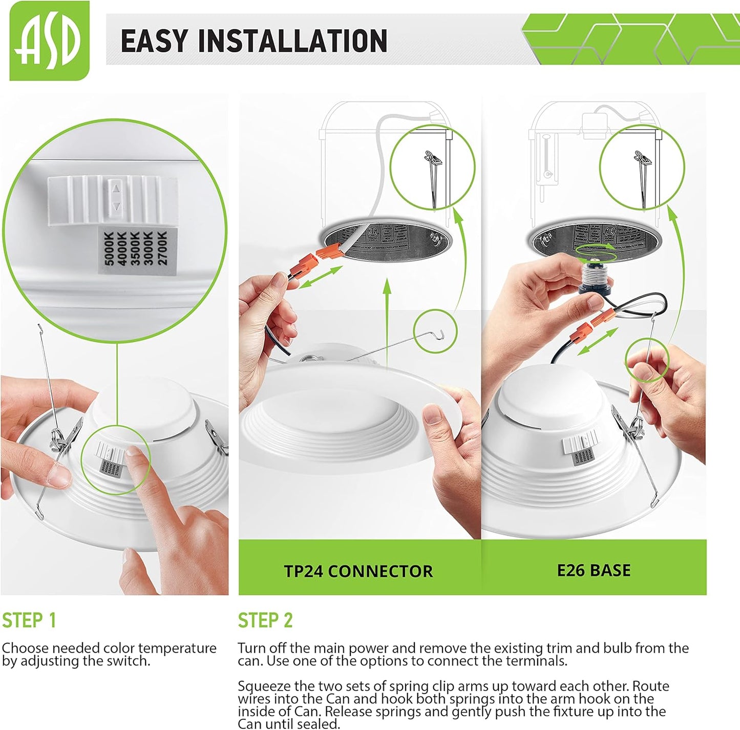 ASD Lighting LED Round Downlight Retrofit Kit 5'' and 6" 12W 120V CCT Selectable 2700/3000/3500/4000/5000K Dimmable PC, Baffle Trim, White UL 6pack