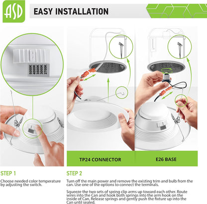 ASD Lighting LED Round Downlight Retrofit Kit 5'' and 6" 12W 120V CCT Selectable 2700/3000/3500/4000/5000K Dimmable PC, Baffle Trim, White UL 6pack