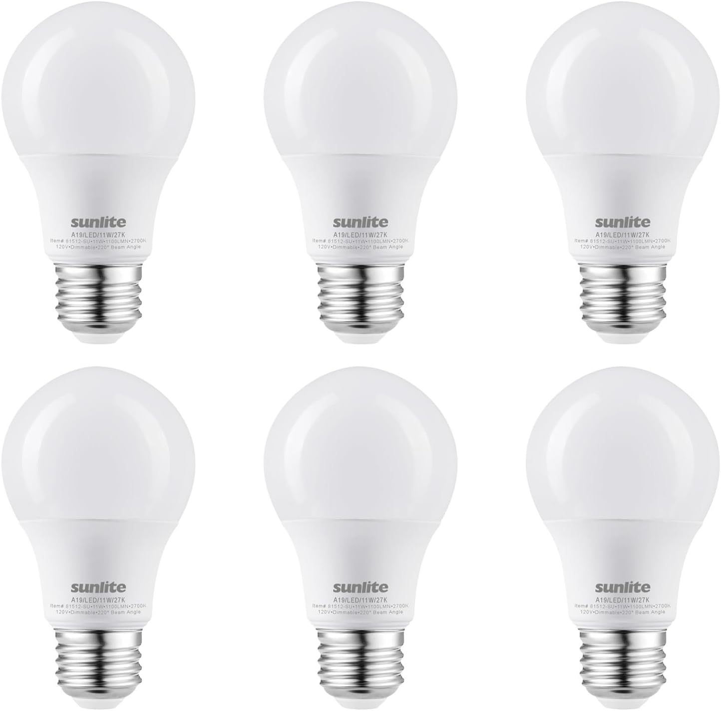 Sunlite LED A19 Light Bulb, 11 Watts (75W Equivalent), 1100 Lmns, 120V, Dimmable, Medium E26 Base, Energy Star, 90 CRI, 220 Degree Beam Angle, ETL Listed, Title-20 Compliant, 2700K Soft White, 6 Pack