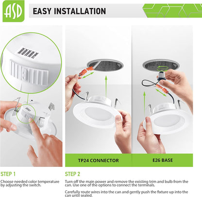 ASD Lighting LED Round Downlight Retrofit Kit 4" 8.6W 120V CCT Selectable 2700/3000/3500/4000/5000K Dimmable PC, Baffle Trim, White UL 12pack