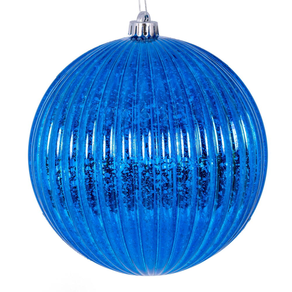 Vickerman 4" Blue Shiny Lined Mercury Ball Ornament 6 per bag.